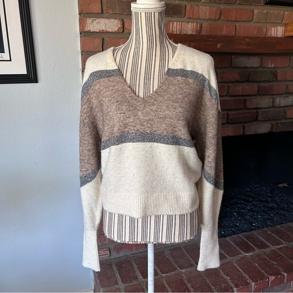 Veronica Beard Miley Colorblock Metallic V-Neck Sweater in Ivory Multi Sz XS - Picture 4 of 11
